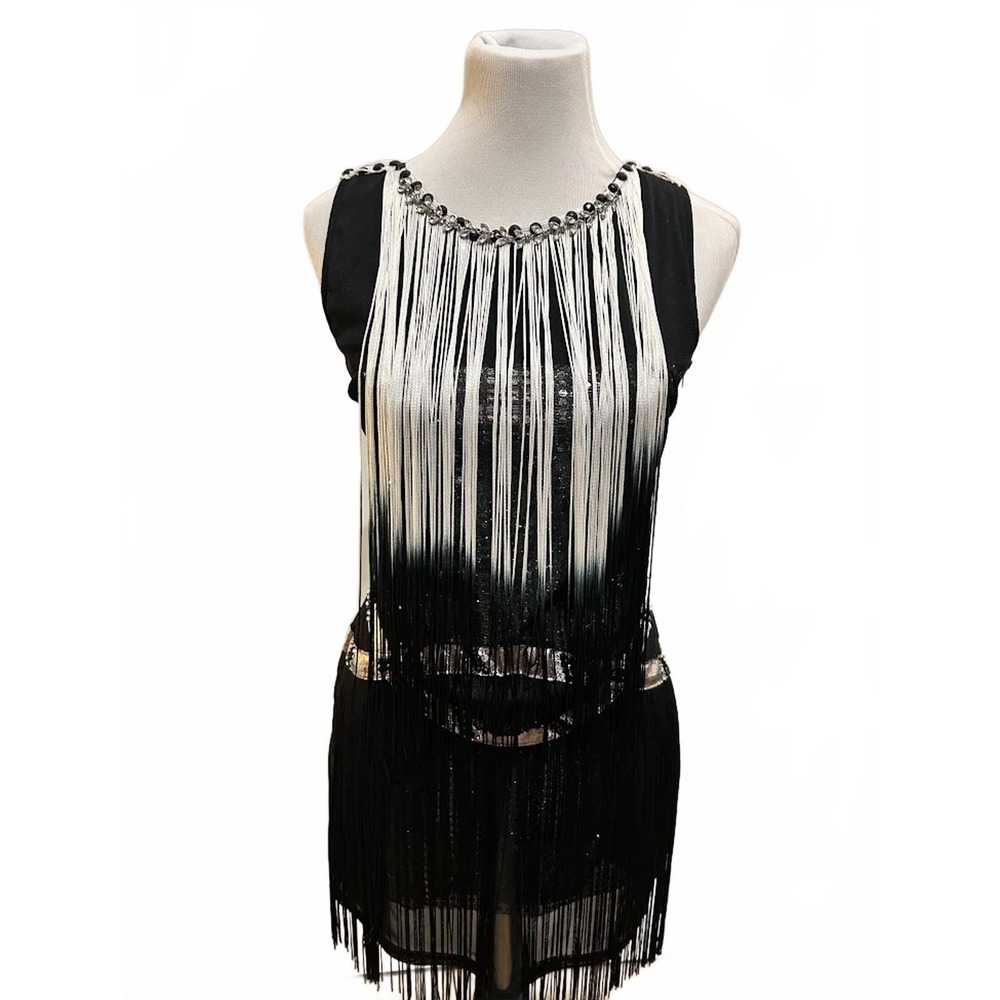 Black White‎ Ombre Fringe Sequin Flapper Mini Dress Beaded Flapper Gatsby Small